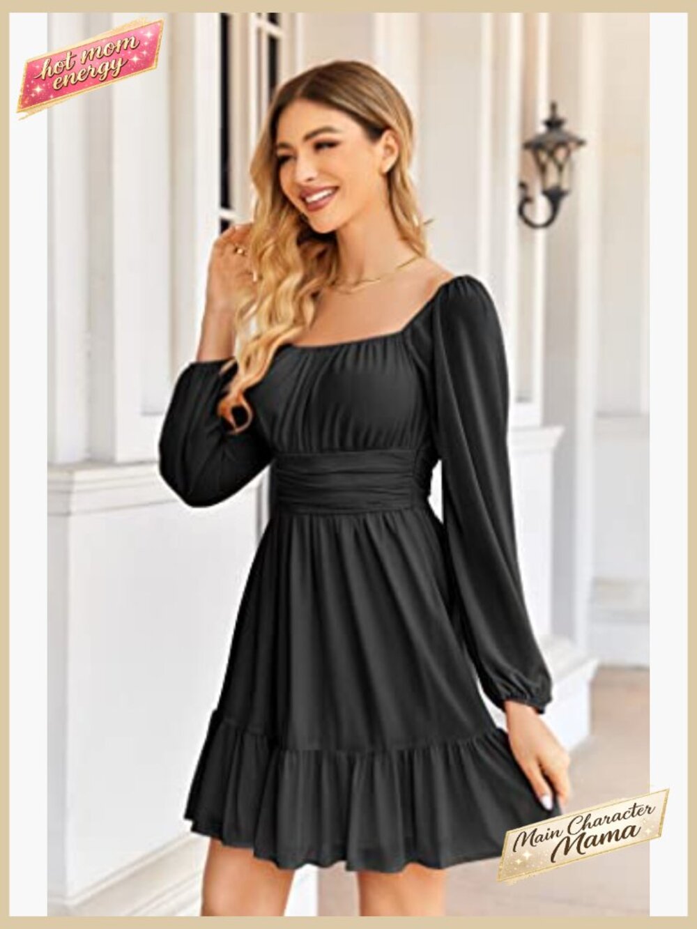 Mesh Long Sleeve Square Neck Mini Dress Ruffle Hem High Waist A-Line Flowy Party - Picture 3 of 7